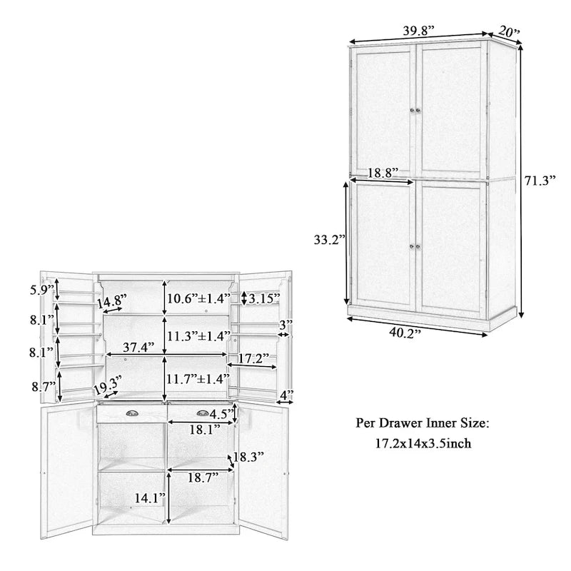 40,2x20x71,3 cm Grande armoire de cuisine sur pied avec 2 tiroirs, 2 étagères réglables et 8 compartiments de porte