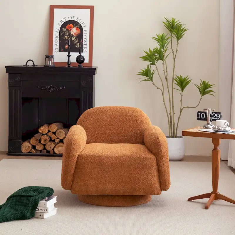 Fauteuil d'appoint pivotant rond en tissu bouclé avec accoudoir, lot de 1