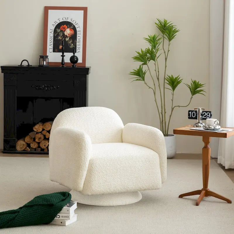 Fauteuil d'appoint pivotant rond en tissu bouclé avec accoudoir, lot de 1