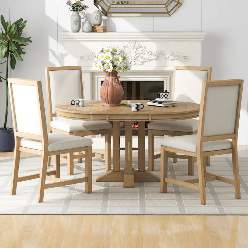 Ensemble de salle à manger 5 pièces avec table ronde extensible et 4 chaises rembourrées Style Ferme