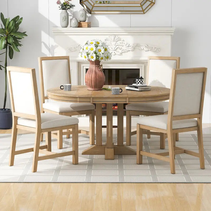 Ensemble de salle à manger 5 pièces avec table ronde extensible et 4 chaises rembourrées Style Ferme
