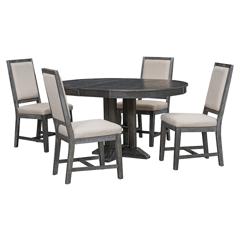 Ensemble de salle à manger 5 pièces avec table ronde extensible et 4 chaises rembourrées Style Ferme