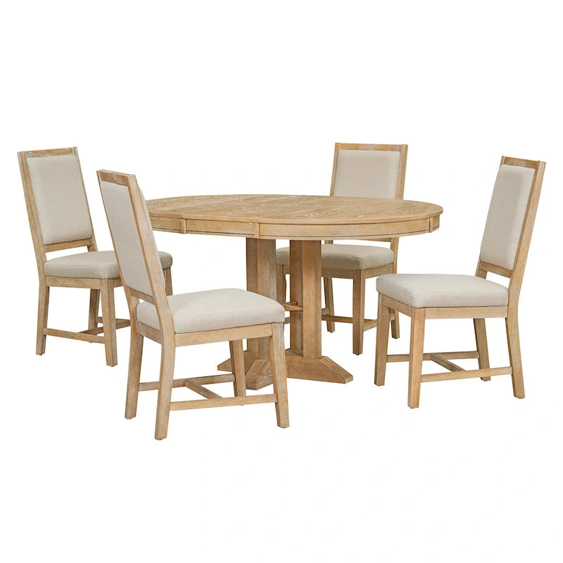 Ensemble de salle à manger 5 pièces avec table ronde extensible et 4 chaises rembourrées Style Ferme