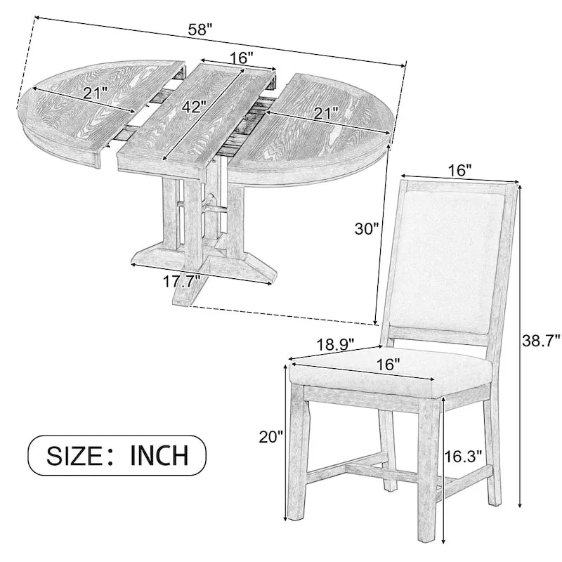 Ensemble de salle à manger 5 pièces avec table ronde extensible et 4 chaises rembourrées Style Ferme