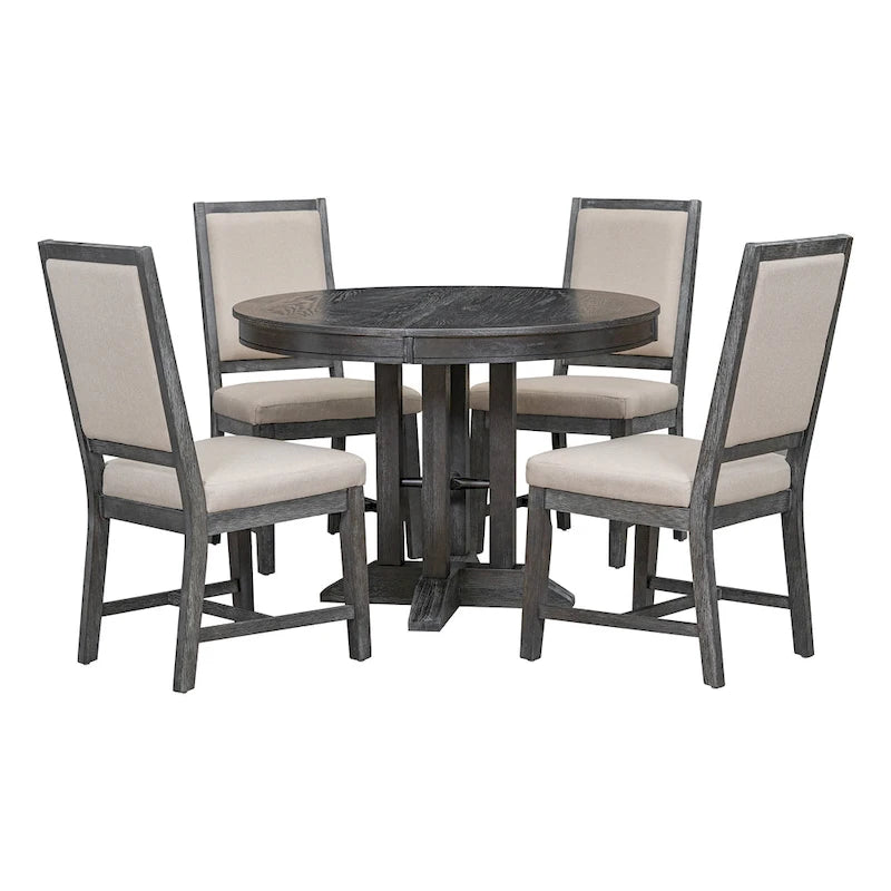 Ensemble de salle à manger 5 pièces avec table ronde extensible et 4 chaises rembourrées Style Ferme