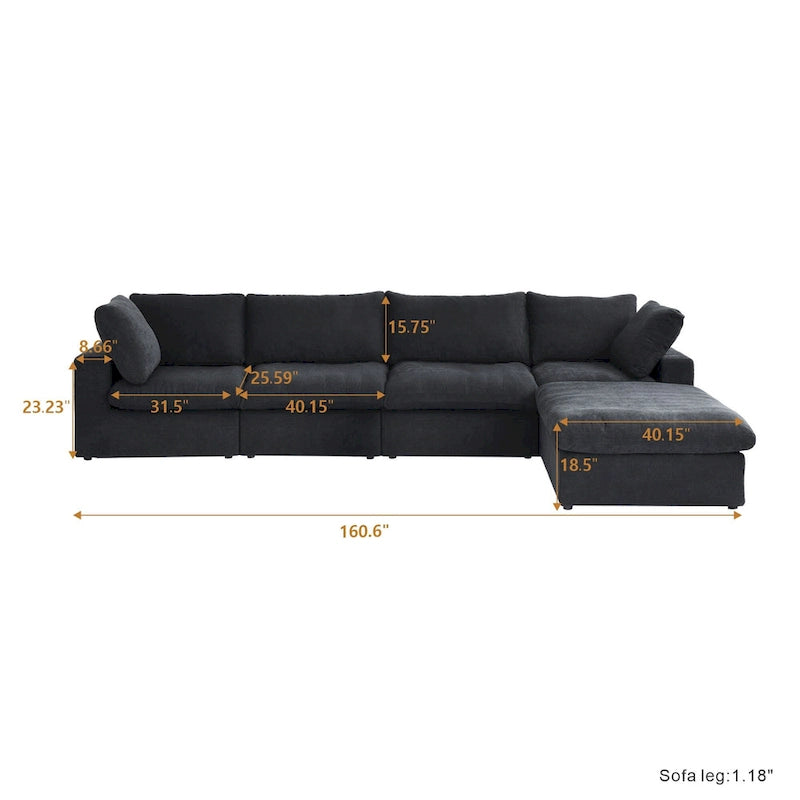 160,6 Canapé d'angle moderne en linCanapé modulaire 4 places avec pouf de rangement pour salon.