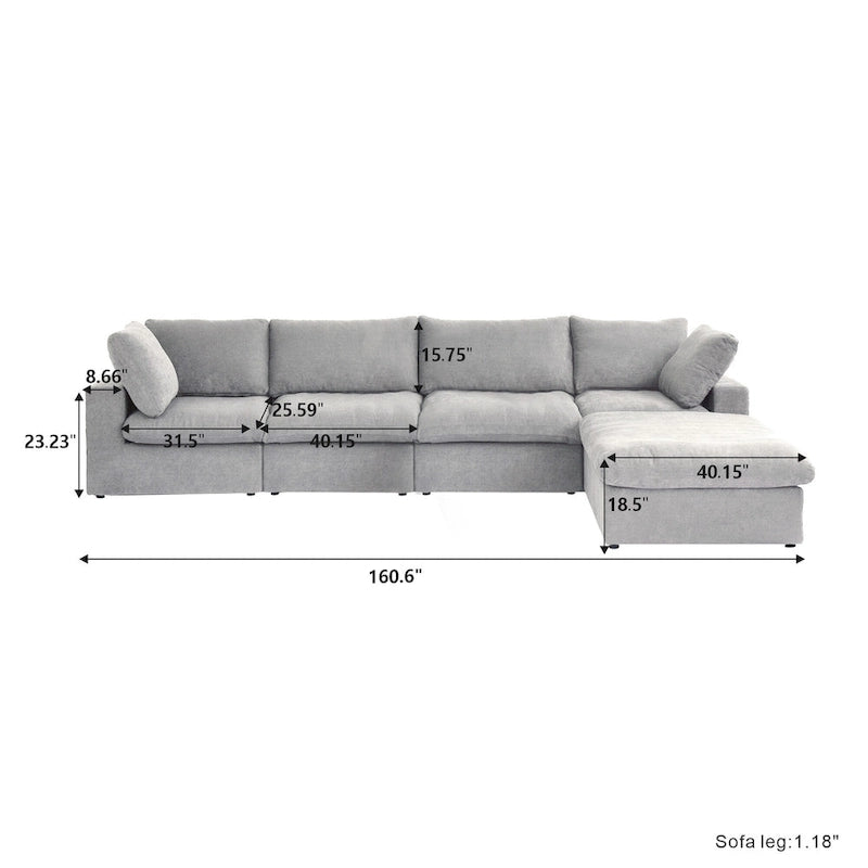 160,6 Canapé d'angle moderne en linCanapé modulaire 4 places avec pouf de rangement pour salon.