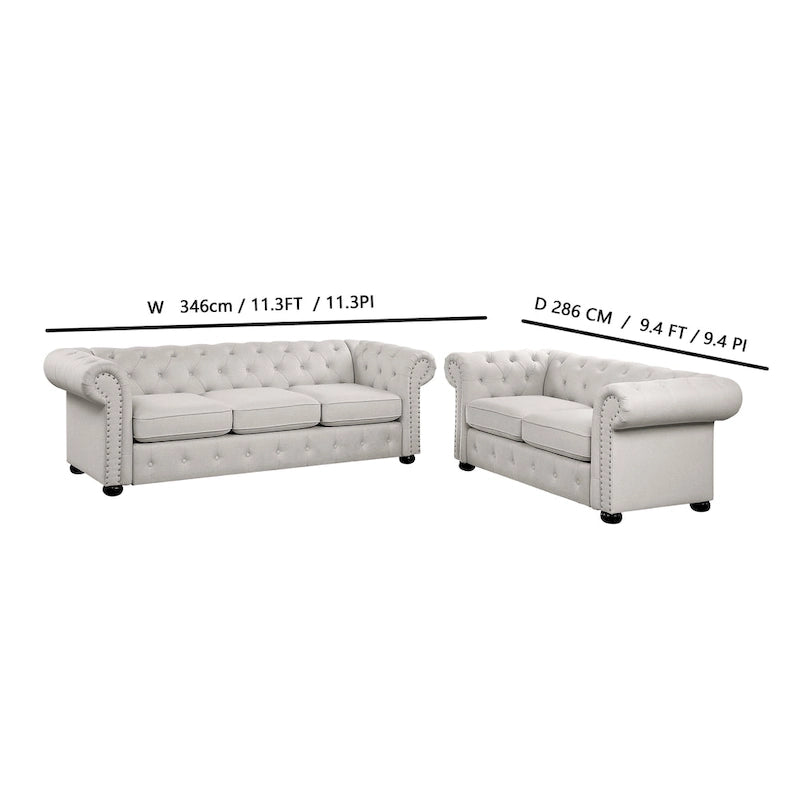 Ensemble canapé et causeuse chesterfield 2 pièces à accoudoirs roulés et capitonnés Corvus Aleksis