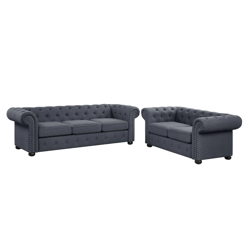Ensemble canapé et causeuse chesterfield 2 pièces à accoudoirs roulés et capitonnés Corvus Aleksis