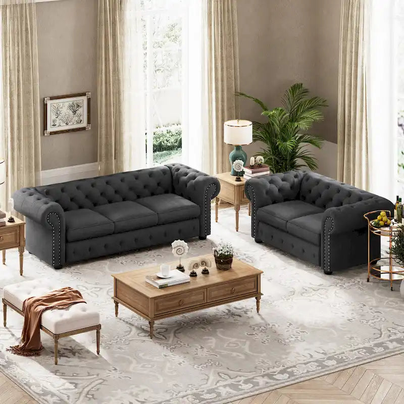 Ensemble canapé et causeuse chesterfield 2 pièces à accoudoirs roulés et capitonnés Corvus Aleksis