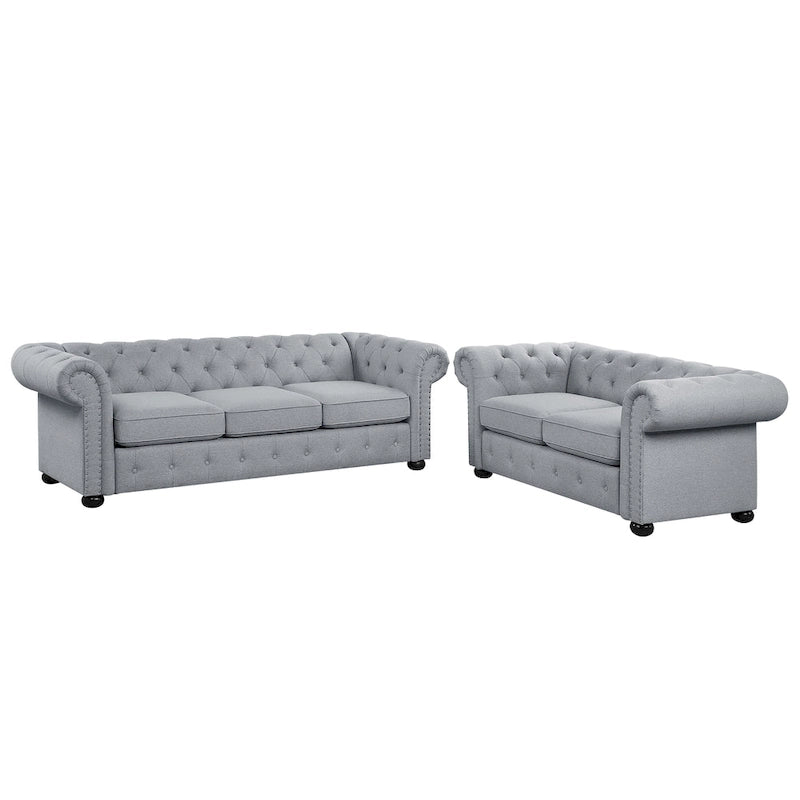 Ensemble canapé et causeuse chesterfield 2 pièces à accoudoirs roulés et capitonnés Corvus Aleksis