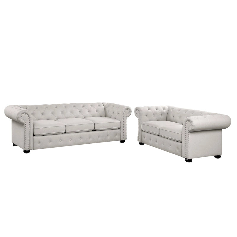 Ensemble canapé et causeuse chesterfield 2 pièces à accoudoirs roulés et capitonnés Corvus Aleksis