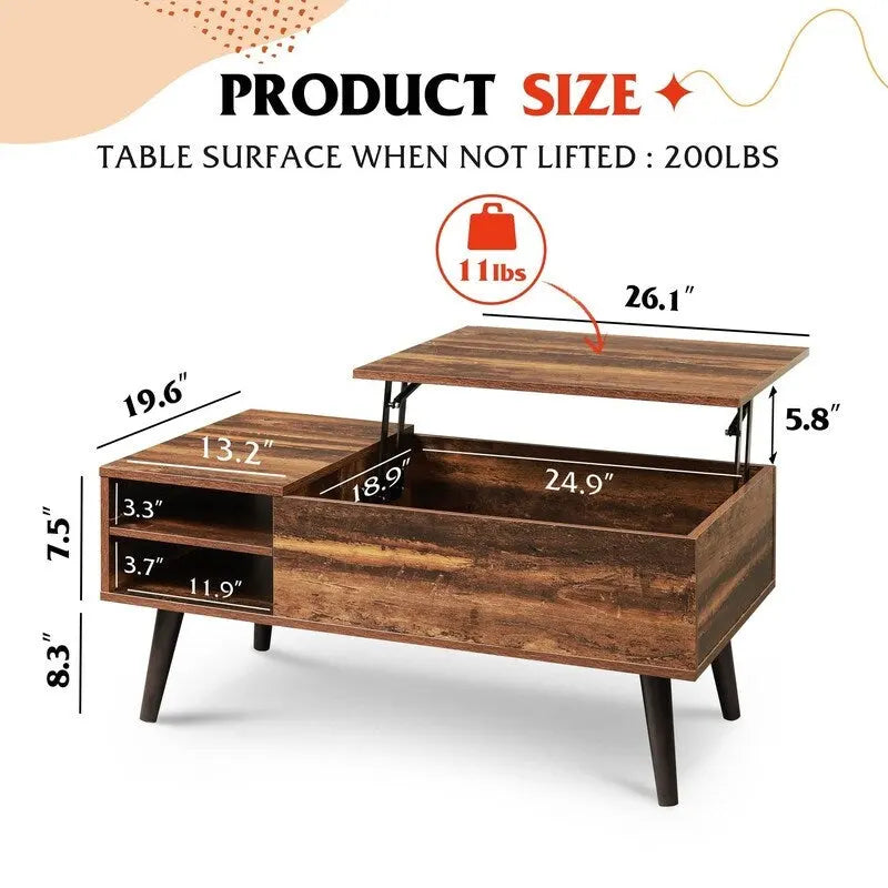 Table basse relevable avec rangement pour salon - 39,37P x 19,69L x 16,93H
