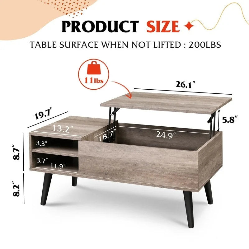 Table basse relevable avec rangement pour salon - 39,37P x 19,69L x 16,93H