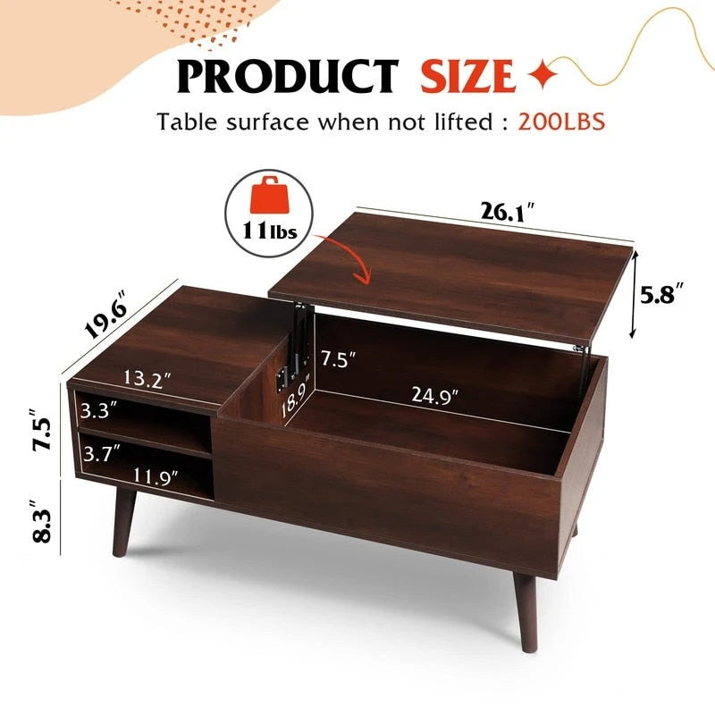 Table basse relevable avec rangement pour salon - 39,37P x 19,69L x 16,93H