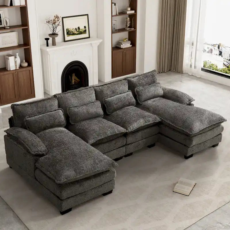 Canapé d'angle en tissu chenille grand format Ouyessir avec coussins