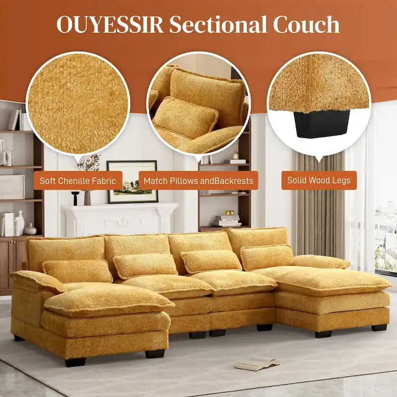 Canapé d'angle en tissu chenille grand format Ouyessir avec coussins
