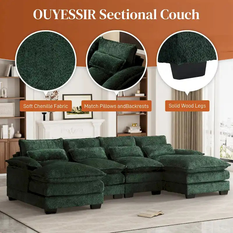 Canapé d'angle en tissu chenille grand format Ouyessir avec coussins