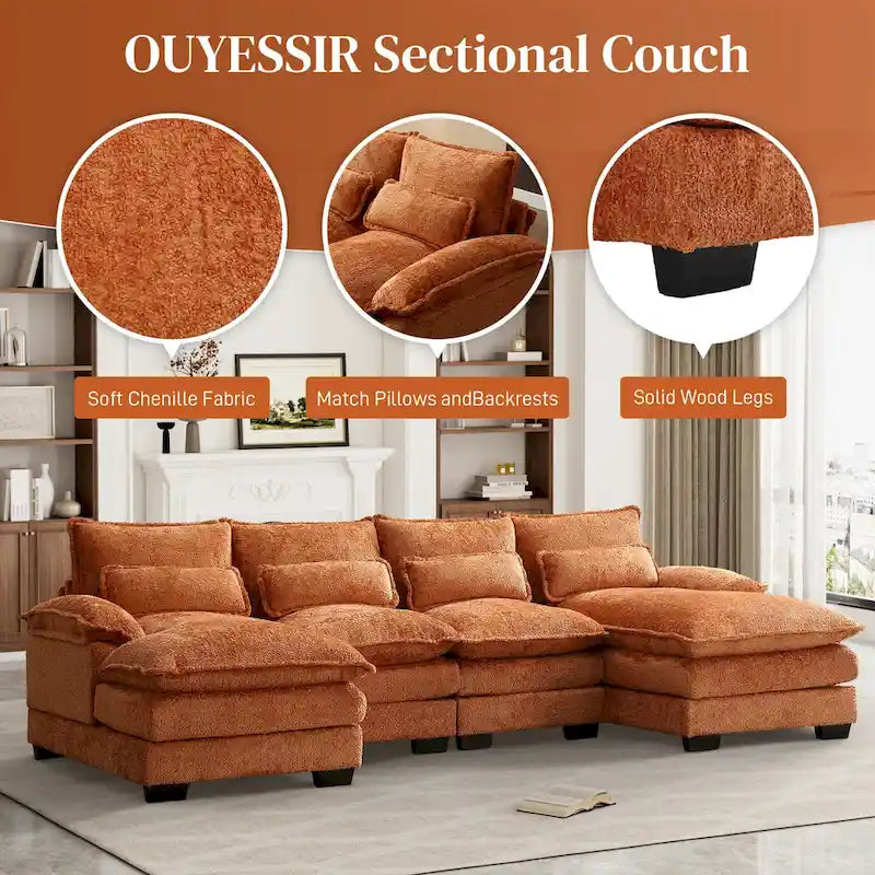 Canapé d'angle en tissu chenille grand format Ouyessir avec coussins