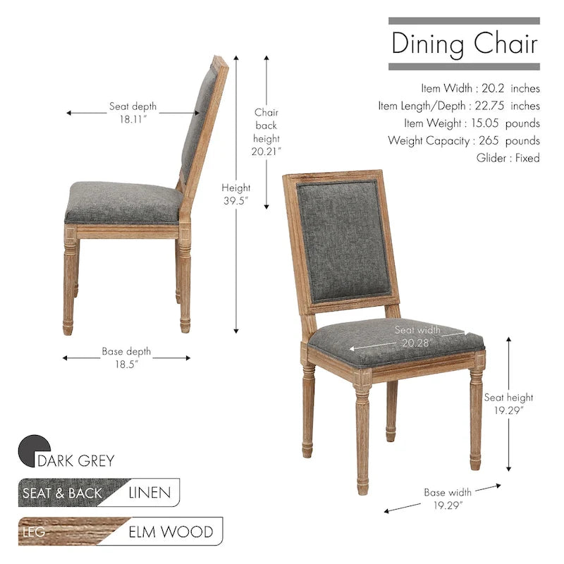 Porthos Home Chaises de salle à manger Mako Lot de 2, dossier rectangulaire, revêtement en lin, cadre en bois d'orme