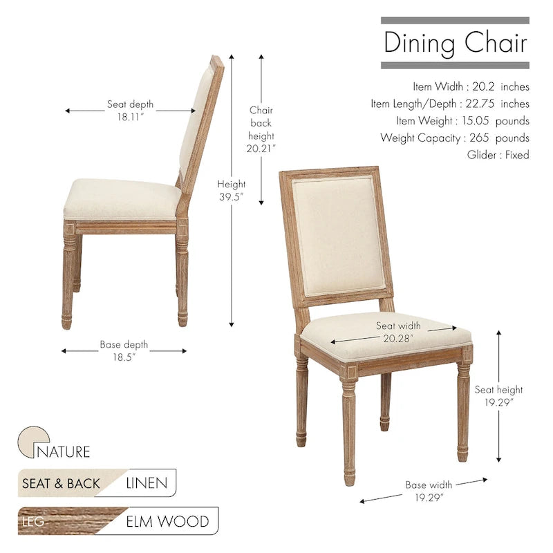 Porthos Home Chaises de salle à manger Mako Lot de 2, dossier rectangulaire, revêtement en lin, cadre en bois d'orme