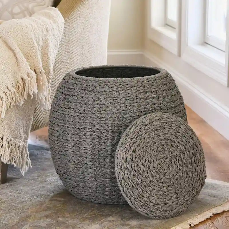 Table d'appoint en osier tissé à la main avec panier de rangement - 17,0 long. x 17,0 larg. x 19,0 haut.