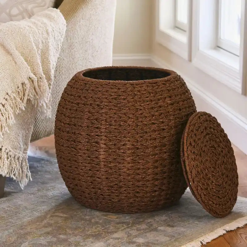 Table d'appoint en osier tissé à la main avec panier de rangement - 17,0 long. x 17,0 larg. x 19,0 haut.