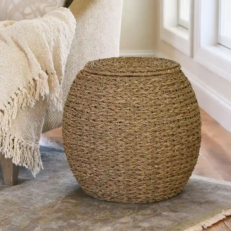 Table d'appoint en osier tissé à la main avec panier de rangement - 17,0 long. x 17,0 larg. x 19,0 haut.