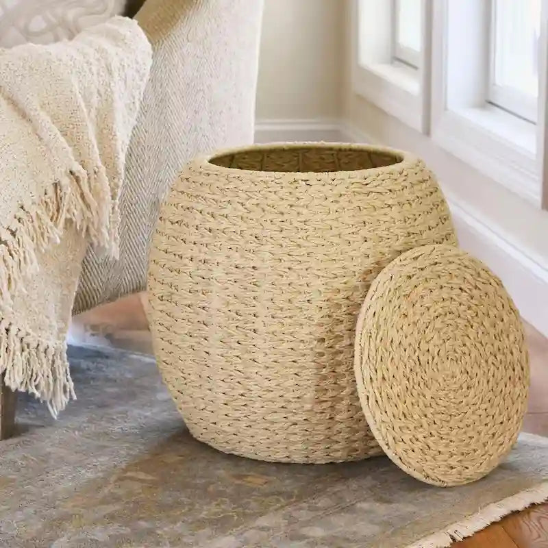 Table d'appoint en osier tissé à la main avec panier de rangement - 17,0 long. x 17,0 larg. x 19,0 haut.