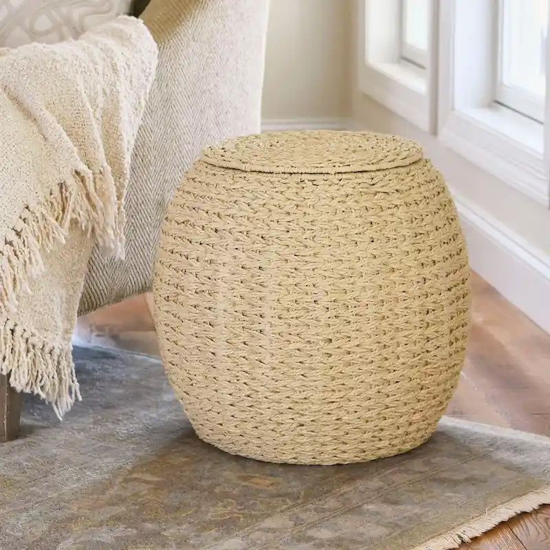 Table d'appoint en osier tissé à la main avec panier de rangement - 17,0 long. x 17,0 larg. x 19,0 haut.