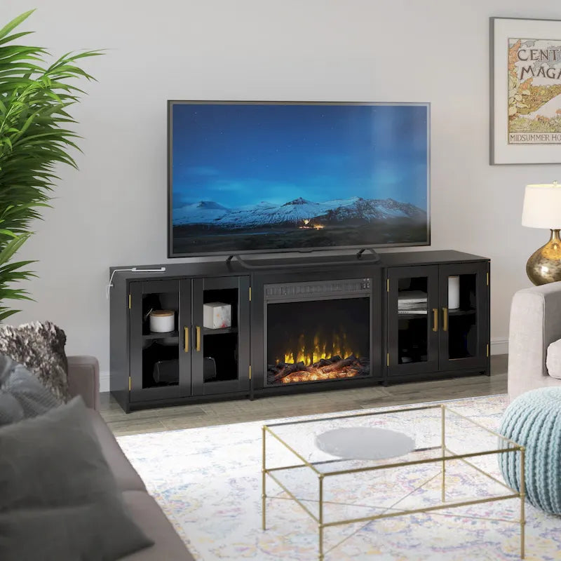 Meuble TV jusqu'à 80 pouces avec cheminée électrique et portes vitrées