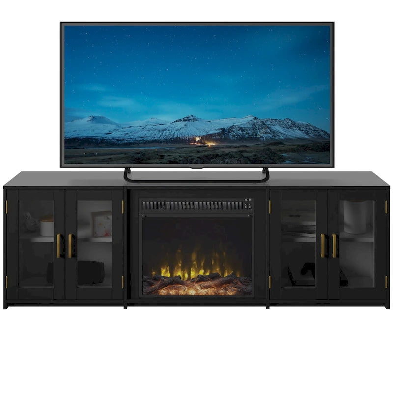 Meuble TV jusqu'à 80 pouces avec cheminée électrique et portes vitrées