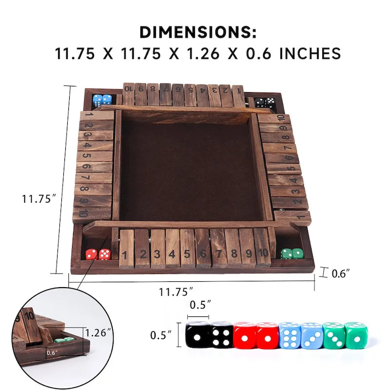 Jeu de dés en bois Shut The Box 10 numéros pour 4 joueurs GSE – Idéal pour les soirées jeux en famille, les jeux de table avec dés, les jeux de bar