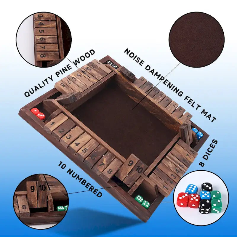Jeu de dés en bois Shut The Box 10 numéros pour 4 joueurs GSE – Idéal pour les soirées jeux en famille, les jeux de table avec dés, les jeux de bar