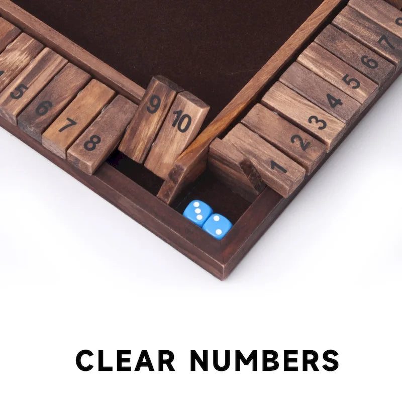 Jeu de dés en bois Shut The Box 10 numéros pour 4 joueurs GSE – Idéal pour les soirées jeux en famille, les jeux de table avec dés, les jeux de bar