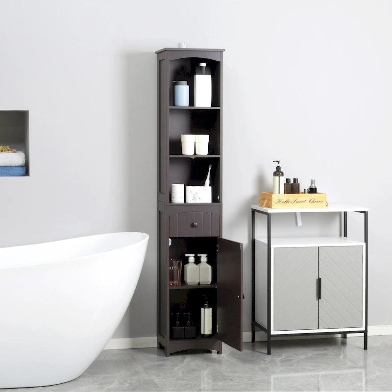 HOMCOM Meuble de Rangement Salle de Bain, Colonne de Rangement sur Pied, Tour de Linge Haute avec 3 Étagères et Tiroir, Marron