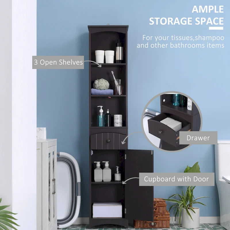 HOMCOM Meuble de Rangement Salle de Bain, Colonne de Rangement sur Pied, Tour de Linge Haute avec 3 Étagères et Tiroir, Marron