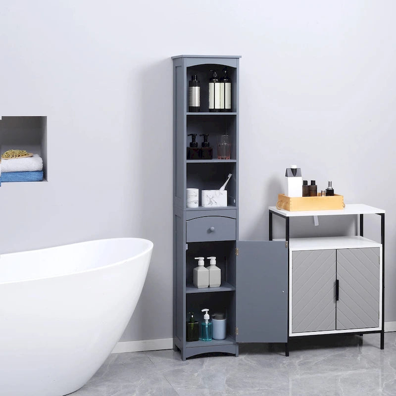 HOMCOM Meuble de Rangement Salle de Bain, Colonne de Rangement sur Pied, Tour de Linge Haute avec 3 Étagères et Tiroir, Marron