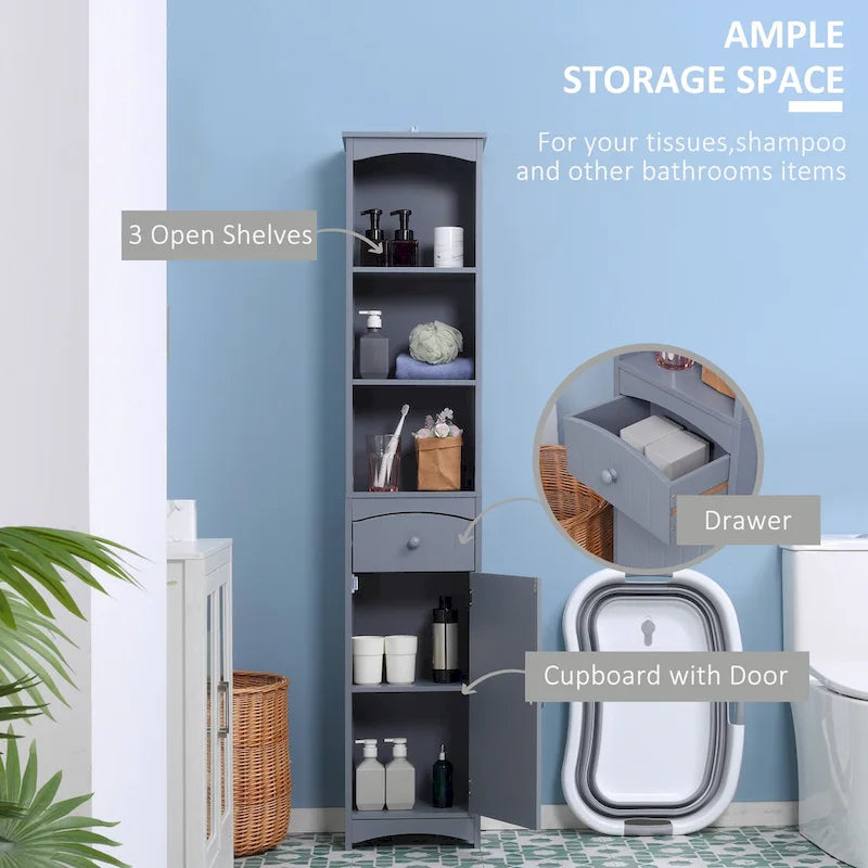 HOMCOM Meuble de Rangement Salle de Bain, Colonne de Rangement sur Pied, Tour de Linge Haute avec 3 Étagères et Tiroir, Marron