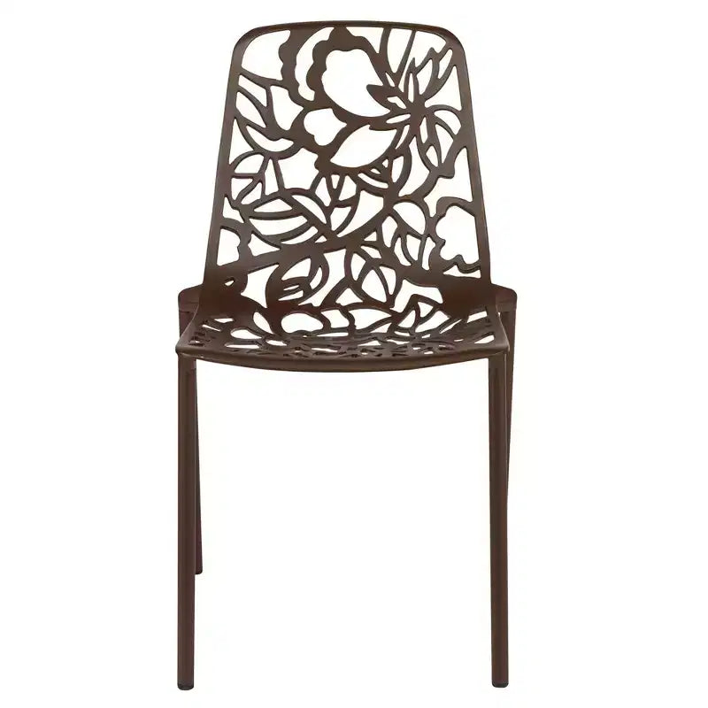 LeisureMod Devon Ensemble de salle à manger d'extérieur 5 pièces - Table ronde en verre avec 4 chaises empilables noires à motif floral
