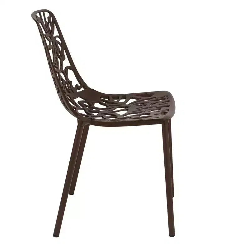 LeisureMod Devon Ensemble de salle à manger d'extérieur 5 pièces - Table ronde en verre avec 4 chaises empilables noires à motif floral