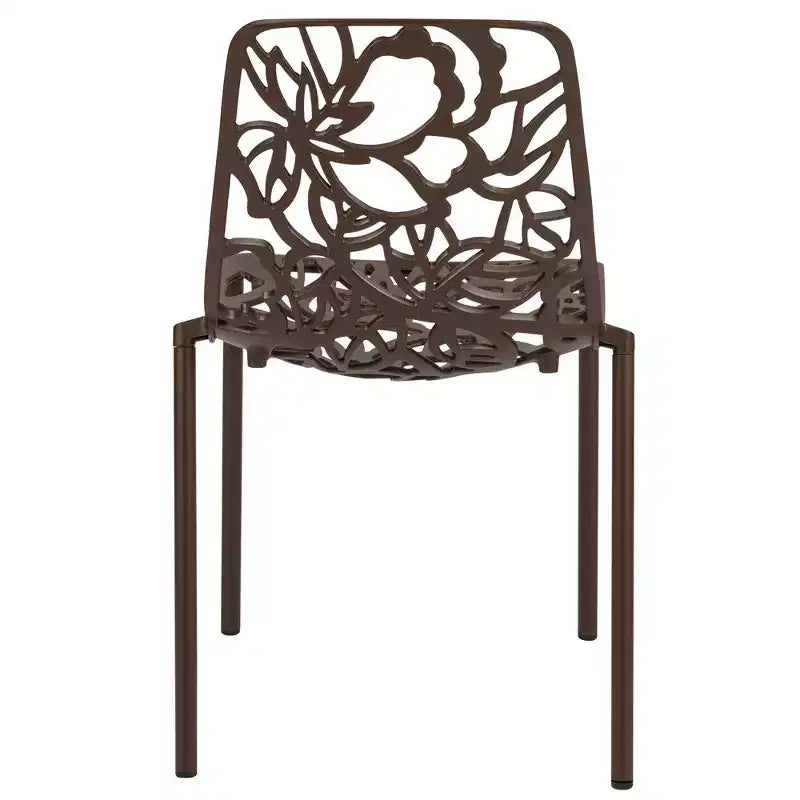 LeisureMod Devon Ensemble de salle à manger d'extérieur 5 pièces - Table ronde en verre avec 4 chaises empilables noires à motif floral