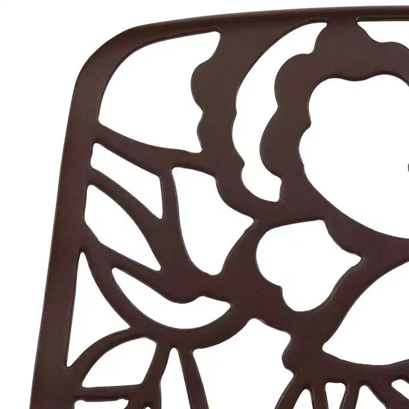 LeisureMod Devon Ensemble de salle à manger d'extérieur 5 pièces - Table ronde en verre avec 4 chaises empilables noires à motif floral