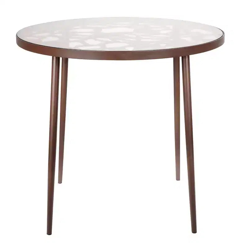 LeisureMod Devon Ensemble de salle à manger d'extérieur 5 pièces - Table ronde en verre avec 4 chaises empilables noires à motif floral