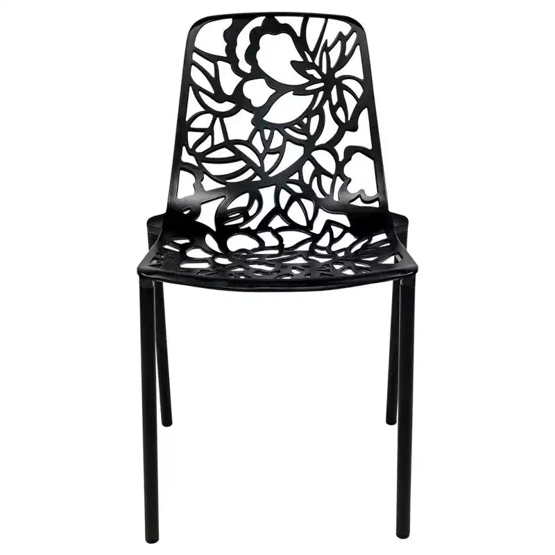 LeisureMod Devon Ensemble de salle à manger d'extérieur 5 pièces - Table ronde en verre avec 4 chaises empilables noires à motif floral