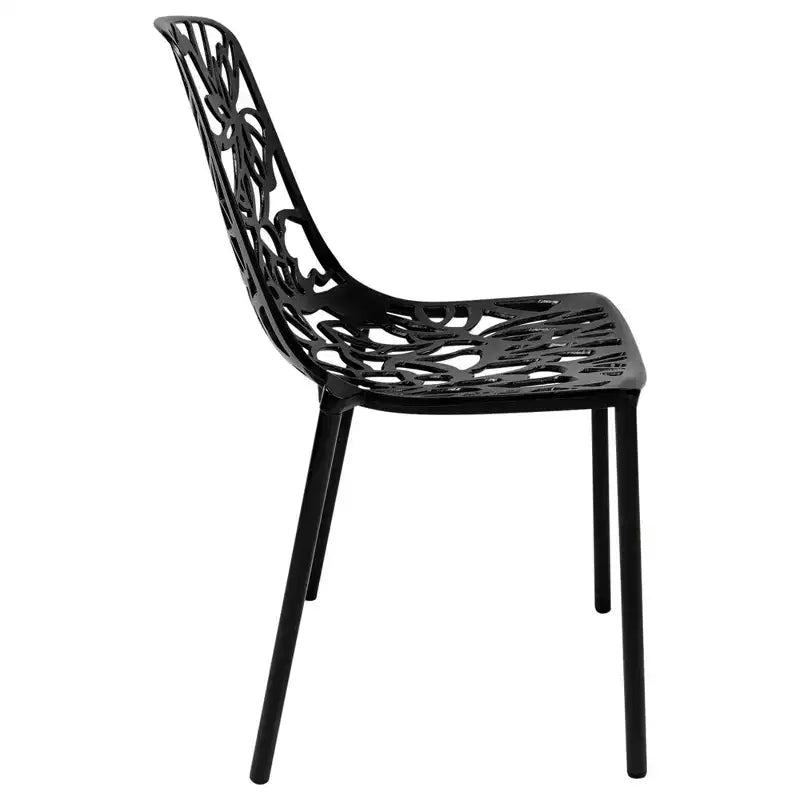 LeisureMod Devon Ensemble de salle à manger d'extérieur 5 pièces - Table ronde en verre avec 4 chaises empilables noires à motif floral