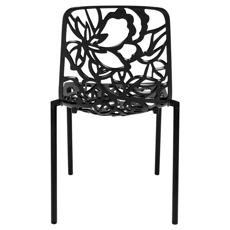LeisureMod Devon Ensemble de salle à manger d'extérieur 5 pièces - Table ronde en verre avec 4 chaises empilables noires à motif floral