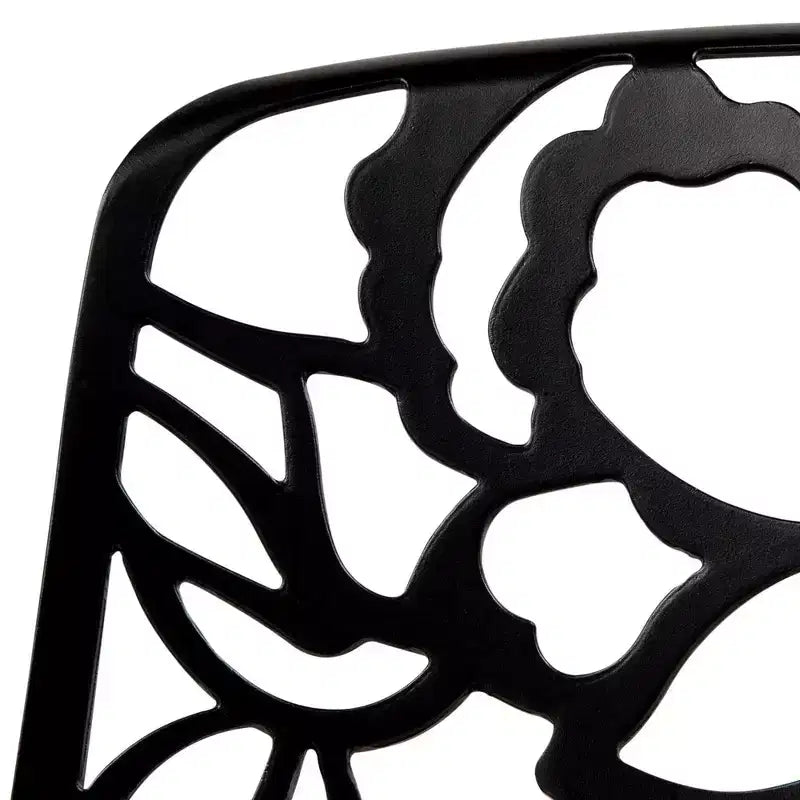 LeisureMod Devon Ensemble de salle à manger d'extérieur 5 pièces - Table ronde en verre avec 4 chaises empilables noires à motif floral