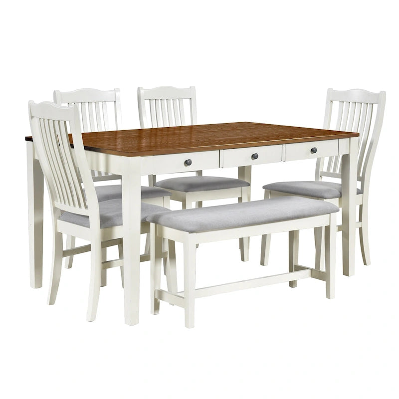 Ensemble de salle à manger 6 pièces en bois avec 4 chaises et un banc, table avec tiroir