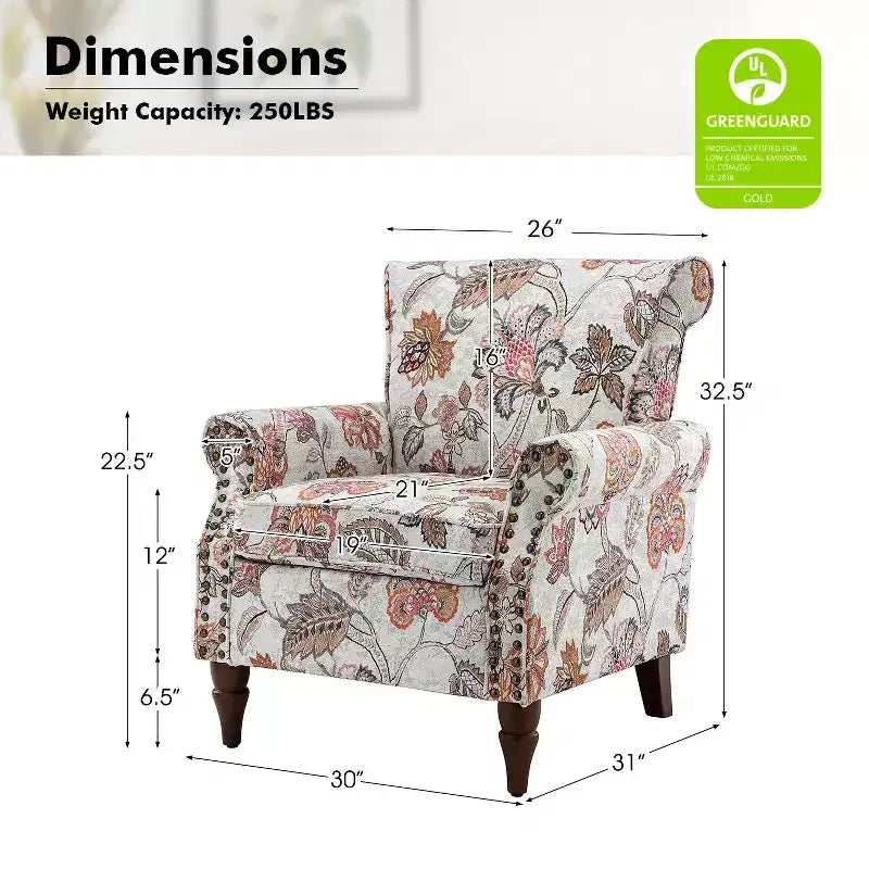 Fauteuil en bois traditionnel Araceli, rembourré à motifs floraux, avec dossier à oreilles et garniture cloutée | ART OF LIVING DESIGNS